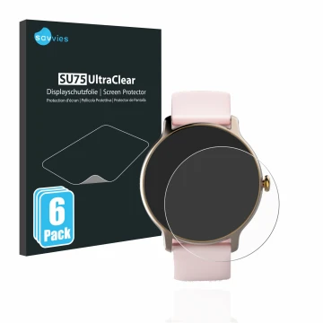 Parte frontal de un envase de producto con el logotipo de la marca Savvies. Al lado se muestra el dispositivo Hama Fit Watch 4