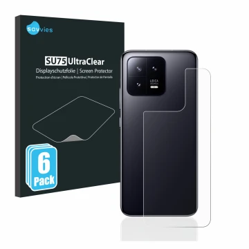 Parte frontal de un envase de producto con el logotipo de la marca Savvies. Al lado se muestra el dispositivo Xiaomi 13 (Trase