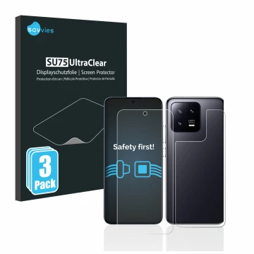 Parte frontal de un envase de producto con el logotipo de la marca Savvies. Al lado se muestra el dispositivo Xiaomi 13 (Front