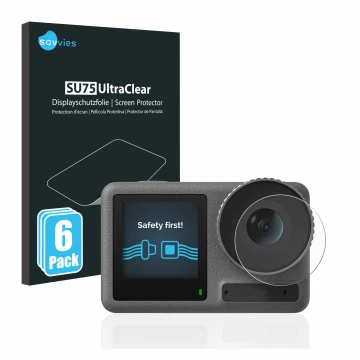 Parte frontal de un envase de producto con el logotipo de la marca Savvies. Al lado se muestra el dispositivo DJI Osmo Action 