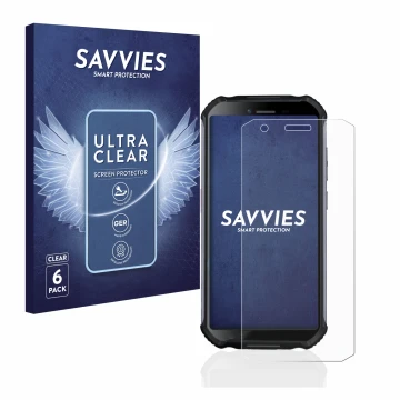 Parte frontal de un envase de producto con el logotipo de la marca Savvies. Al lado se muestra el dispositivo Doogee S41 con s