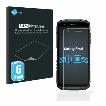Parte frontal de un envase de producto con el logotipo de la marca Savvies. Al lado se muestra el dispositivo Doogee S41 Pro c