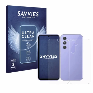 Parte frontal de un envase de producto con el logotipo de la marca Savvies. Al lado se muestra el dispositivo Samsung Galaxy A
