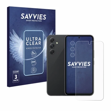 Parte frontal de un envase de producto con el logotipo de la marca Savvies. Al lado se muestra el dispositivo Samsung Galaxy A