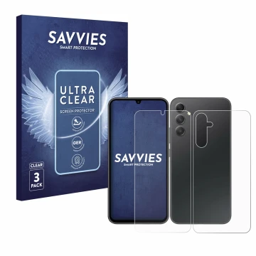 Parte frontal de un envase de producto con el logotipo de la marca Savvies. Al lado se muestra el dispositivo Samsung Galaxy A