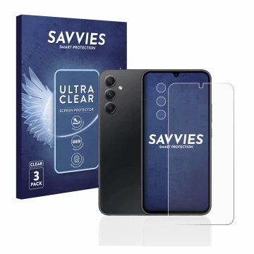 Parte frontal de un envase de producto con el logotipo de la marca Savvies. Al lado se muestra el dispositivo Samsung Galaxy A