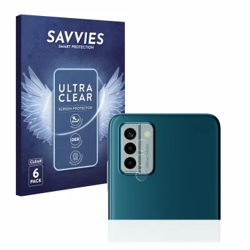 Parte frontal de un envase de producto con el logotipo de la marca Savvies. Al lado se muestra el dispositivo Nokia G22 (SÓLO 