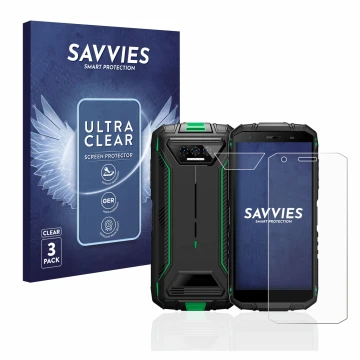 Parte frontal de un envase de producto con el logotipo de la marca Savvies. Al lado se muestra el dispositivo Doogee S41 Pro (