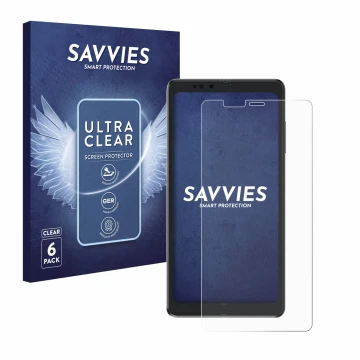 Parte frontal de un envase de producto con el logotipo de la marca Savvies. Al lado se muestra el dispositivo Hisense A9 con s