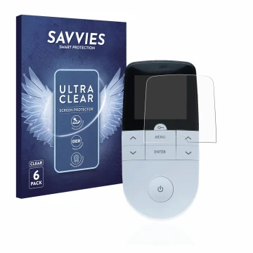 Parte frontal de un envase de producto con el logotipo de la marca Savvies. Al lado se muestra el dispositivo Beurer EM 49 Dig