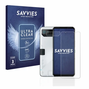 Parte frontal de un envase de producto con el logotipo de la marca Savvies. Al lado se muestra el dispositivo ASUS ROG Phone 7