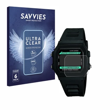 Parte frontal de un envase de producto con el logotipo de la marca Savvies. Al lado se muestra el dispositivo Casio W-86-1VQES