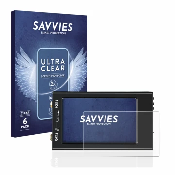 Parte frontal de un envase de producto con el logotipo de la marca Savvies. Al lado se muestra el dispositivo SDRGEEK NanoVNA-