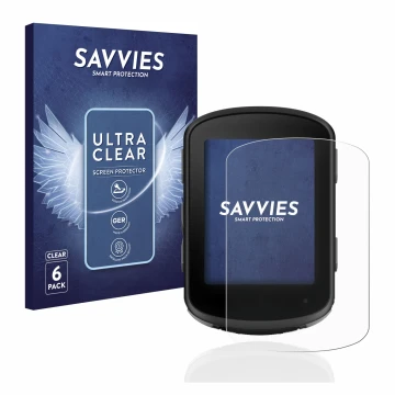 Parte frontal de un envase de producto con el logotipo de la marca Savvies. Al lado se muestra el dispositivo Garmin Edge 840 