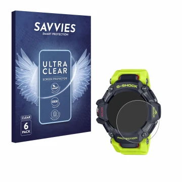 Parte frontal de un envase de producto con el logotipo de la marca Savvies. Al lado se muestra el dispositivo Casio G-Shock GB