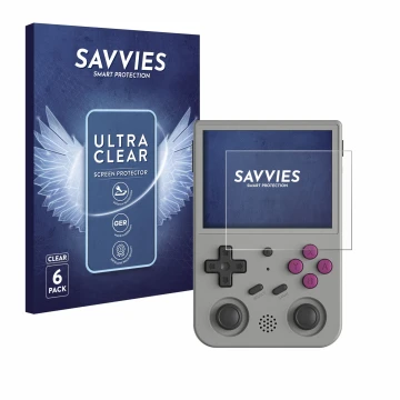 Parte frontal de un envase de producto con el logotipo de la marca Savvies. Al lado se muestra el dispositivo Anbernic RG353V 