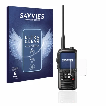 Parte frontal de un envase de producto con el logotipo de la marca Savvies. Al lado se muestra el dispositivo Standard Horizon