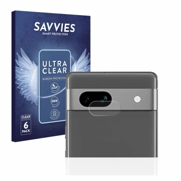 Parte frontal de un envase de producto con el logotipo de la marca Savvies. Al lado se muestra el dispositivo Google Pixel 7a 