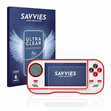 Parte frontal de un envase de producto con el logotipo de la marca Savvies. Al lado se muestra el dispositivo Blaze Evercade c