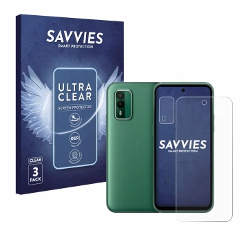 Parte frontal de un envase de producto con el logotipo de la marca Savvies. Al lado se muestra el dispositivo Nokia XR21 (Fron