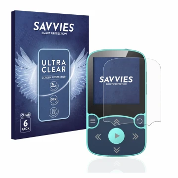 Parte frontal de un envase de producto con el logotipo de la marca Savvies. Al lado se muestra el dispositivo AGPtek A65X MP3 