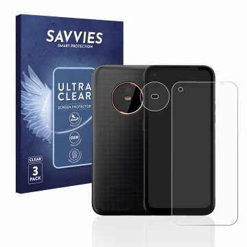 Parte frontal de un envase de producto con el logotipo de la marca Savvies. Al lado se muestra el dispositivo Gigaset GX6 (Fro