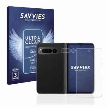 Parte frontal de un envase de producto con el logotipo de la marca Savvies. Al lado se muestra el dispositivo Google Pixel Fol