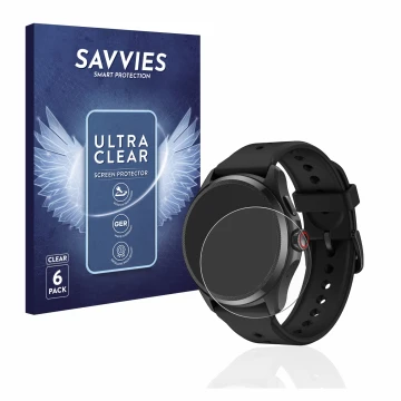 Parte frontal de un envase de producto con el logotipo de la marca Savvies. Al lado se muestra el dispositivo Mobvoi TicWatch 