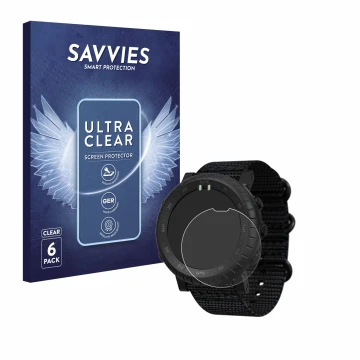 Parte frontal de un envase de producto con el logotipo de la marca Savvies. Al lado se muestra el dispositivo Suunto Core Alph