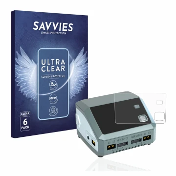 Parte frontal de un envase de producto con el logotipo de la marca Savvies. Al lado se muestra el dispositivo SkyRc D200 neo c