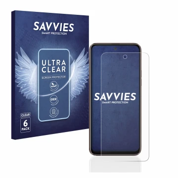 Parte frontal de un envase de producto con el logotipo de la marca Savvies. Al lado se muestra el dispositivo HTC U23 Pro con 