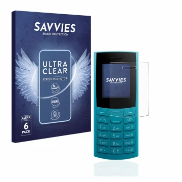 Parte frontal de un envase de producto con el logotipo de la marca Savvies. Al lado se muestra el dispositivo Nokia 105 4G (20
