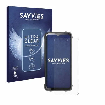 Parte frontal de un envase de producto con el logotipo de la marca Savvies. Al lado se muestra el dispositivo Cubot King Kong 