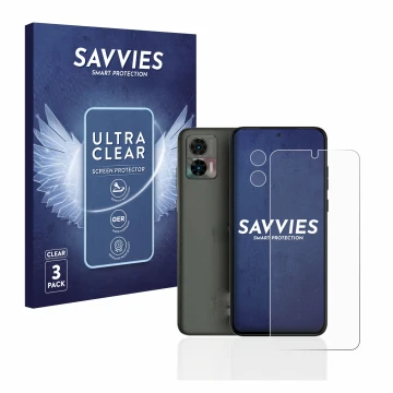 Parte frontal de un envase de producto con el logotipo de la marca Savvies. Al lado se muestra el dispositivo Motorola Edge 30