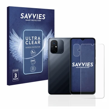 Parte frontal de un envase de producto con el logotipo de la marca Savvies. Al lado se muestra el dispositivo Xiaomi Redmi 12C