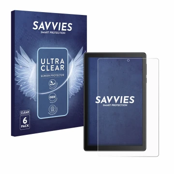 Parte frontal de un envase de producto con el logotipo de la marca Savvies. Al lado se muestra el dispositivo TCL Tab 8V con s