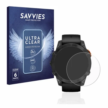Parte frontal de un envase de producto con el logotipo de la marca Savvies. Al lado se muestra el dispositivo Garmin Fenix 7 P