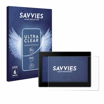 Parte frontal de un envase de producto con el logotipo de la marca Savvies. Al lado se muestra el dispositivo Garmin Drive 53 