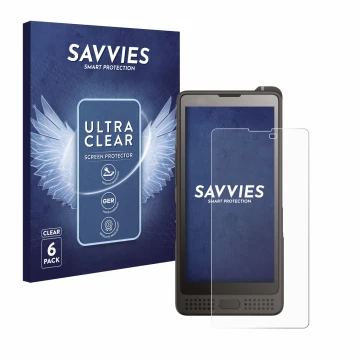 Parte frontal de un envase de producto con el logotipo de la marca Savvies. Al lado se muestra el dispositivo Sonim XP10 con s
