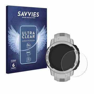 Parte frontal de un envase de producto con el logotipo de la marca Savvies. Al lado se muestra el dispositivo Garmin Instinct 