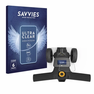 Parte frontal de un envase de producto con el logotipo de la marca Savvies. Al lado se muestra el dispositivo PowaKaddy FX3 co