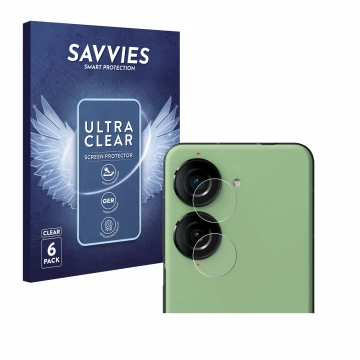 Parte frontal de un envase de producto con el logotipo de la marca Savvies. Al lado se muestra el dispositivo ASUS ZenFone 10 