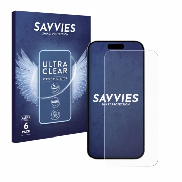 Parte frontal de un envase de producto con el logotipo de la marca Savvies. Al lado se muestra el dispositivo Apple iPhone 15 