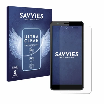 Parte frontal de un envase de producto con el logotipo de la marca Savvies. Al lado se muestra el dispositivo ZTE Blade A31 co