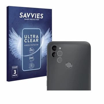 Parte frontal de un envase de producto con el logotipo de la marca Savvies. Al lado se muestra el dispositivo Gigaset GS5 Lite