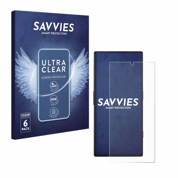 Parte frontal de un envase de producto con el logotipo de la marca Savvies. Al lado se muestra el dispositivo ZTE Nubia Red Ma