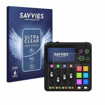 Parte frontal de un envase de producto con el logotipo de la marca Savvies. Al lado se muestra el dispositivo Rode Rodecaster 