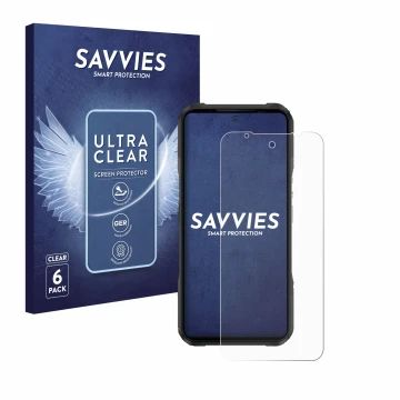 Parte frontal de un envase de producto con el logotipo de la marca Savvies. Al lado se muestra el dispositivo Doogee V20 Pro c
