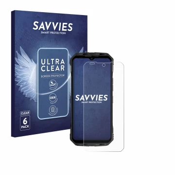 Parte frontal de un envase de producto con el logotipo de la marca Savvies. Al lado se muestra el dispositivo Doogee V30T con 