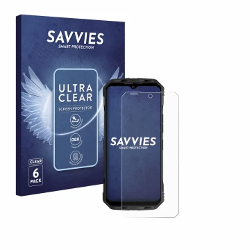 Parte frontal de un envase de producto con el logotipo de la marca Savvies. Al lado se muestra el dispositivo Doogee V Max con